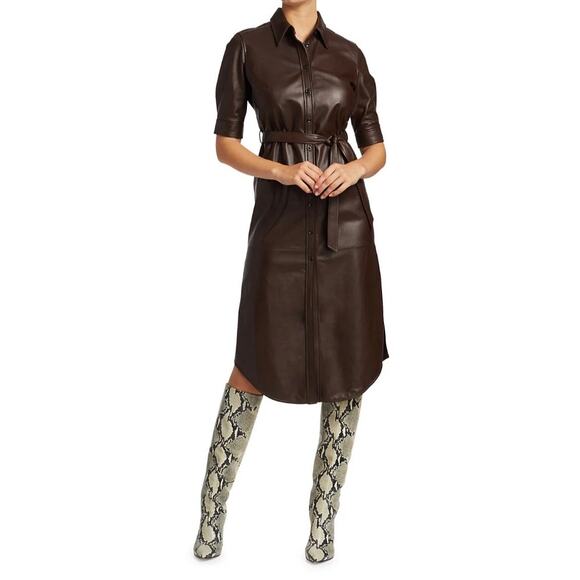 Frame 70s Short-Sleeve Leather Shirtdress in Espresso - Picture 1 of 13